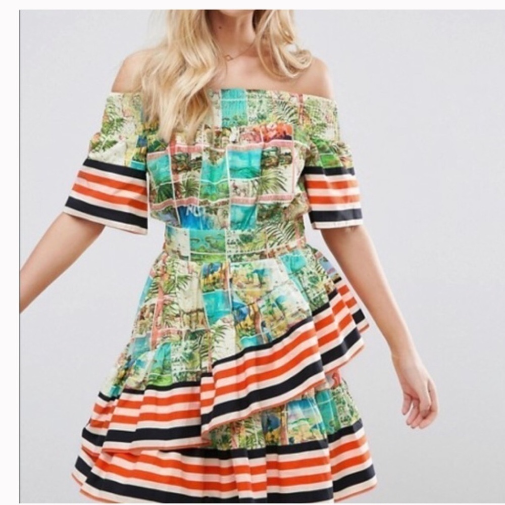 ASOS Off Shoulder Dress In Postcard And Stripe Print - Picture 9 of 16